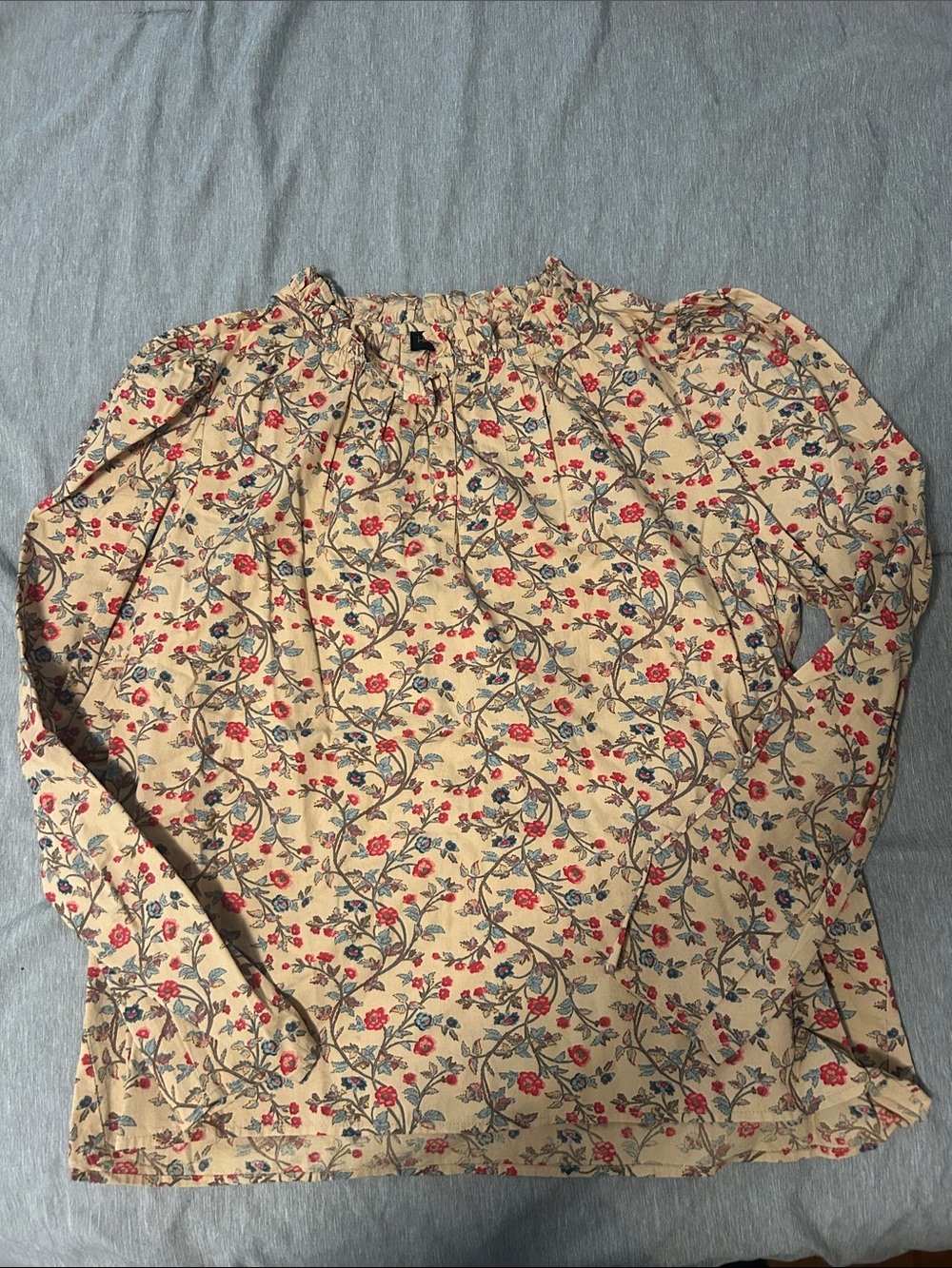 House of Harlow 1960 Cream Long-Sleeve Floral Ruffle-Neck Top